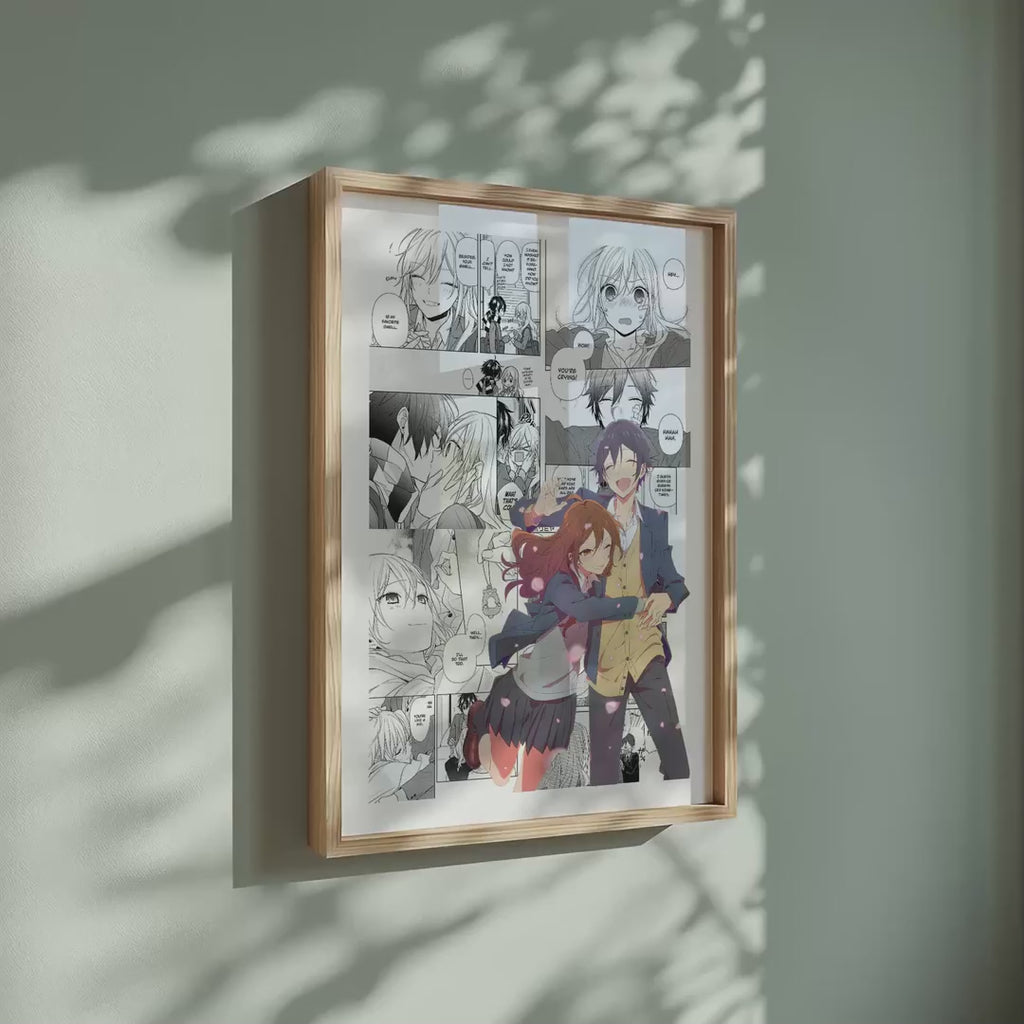 Video of the Izumi Miyamura and Kyouko Hori manga poster inspired by Horimiya in a light wood frame on a sage green wall