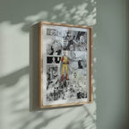 Video of the Saitama manga poster inspired by One-Punch Man in a light wood frame on a sage green wall