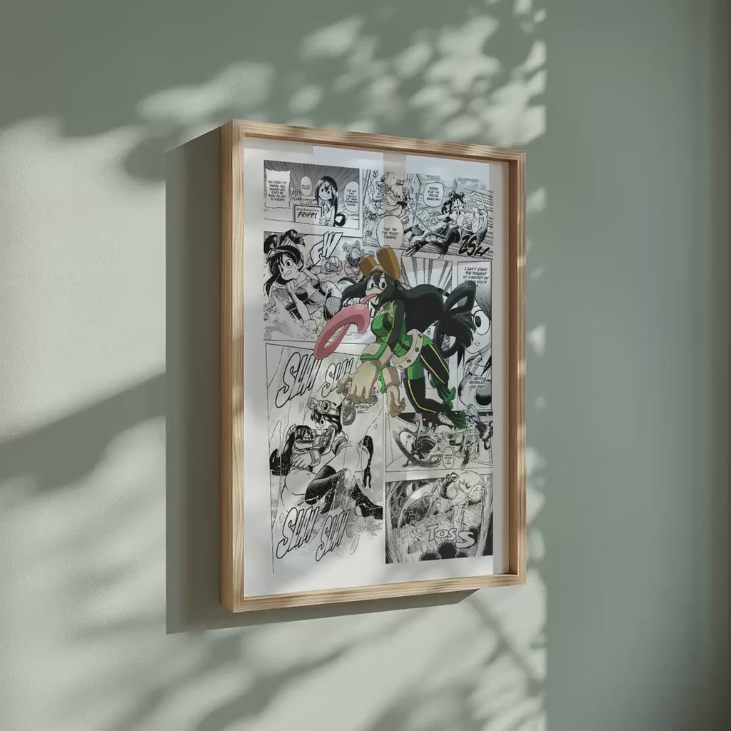 Video of the Tsuyu Asui manga poster inspired by My Hero Academia in a light wood frame on a sage green wall