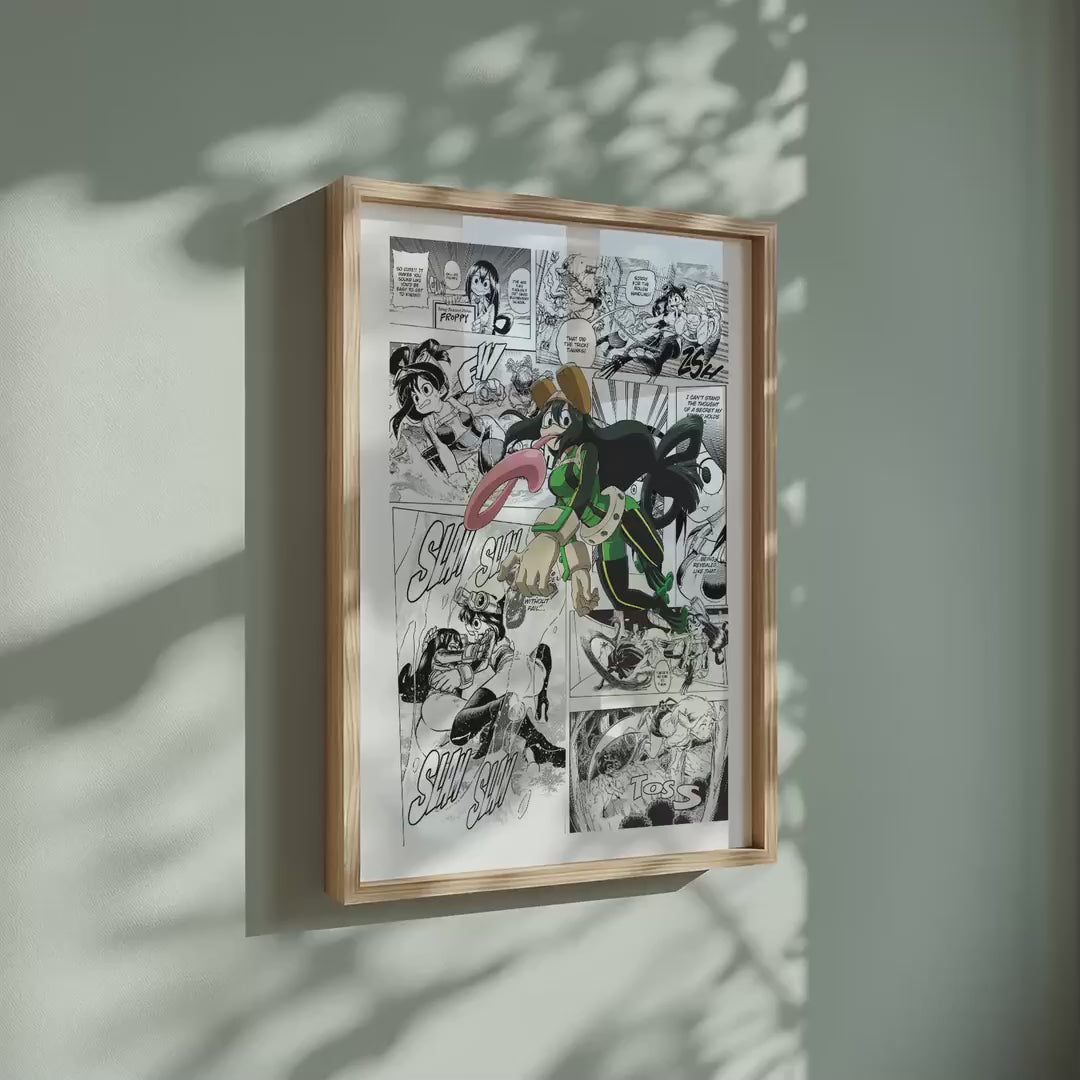 Video of the Tsuyu Asui manga poster inspired by My Hero Academia in a light wood frame on a sage green wall