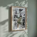Video of the Rock Lee manga poster inspired by Naruto in a light wood frame on a sage green wall