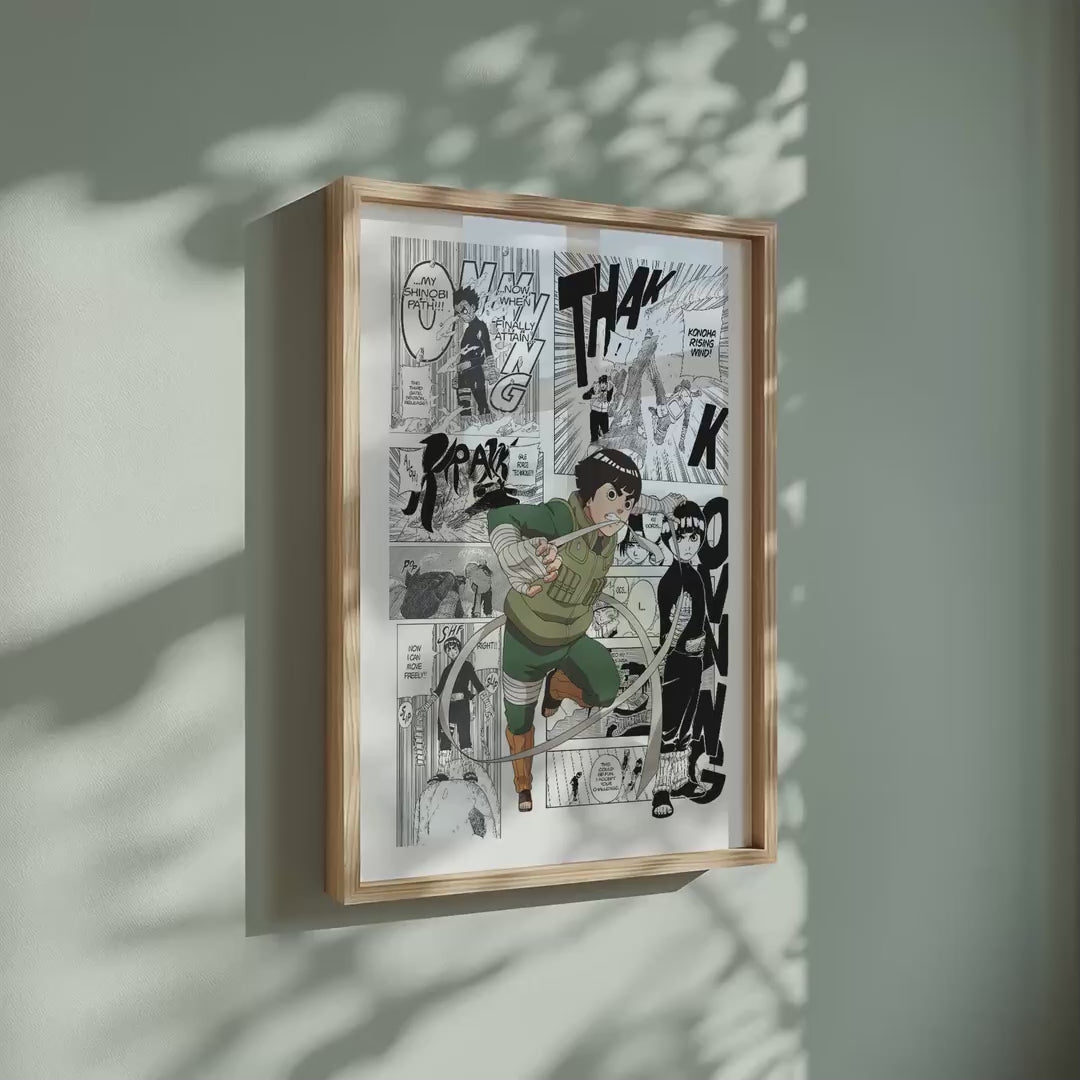 Video of the Rock Lee manga poster inspired by Naruto in a light wood frame on a sage green wall
