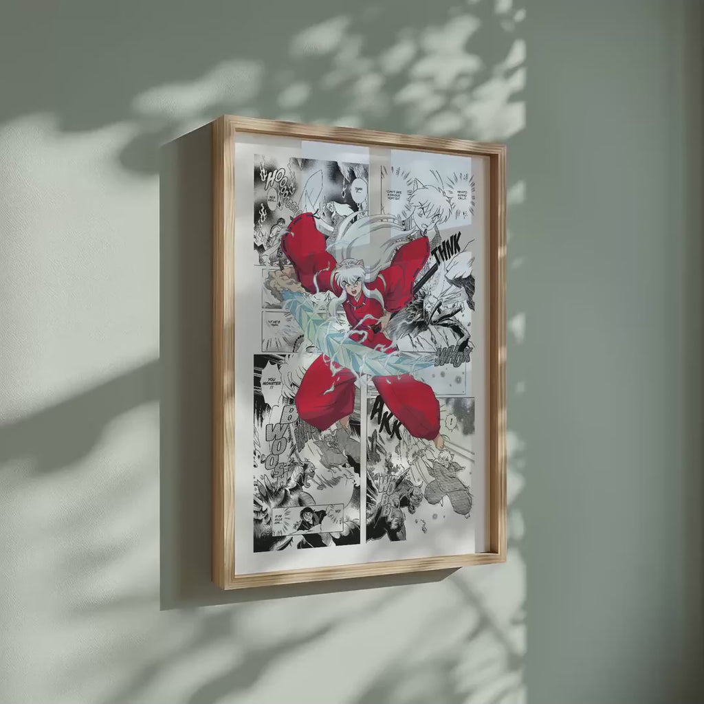 Video of the Inuyasha manga poster inspired by Inuyasha in a light wood frame on a sage green wall