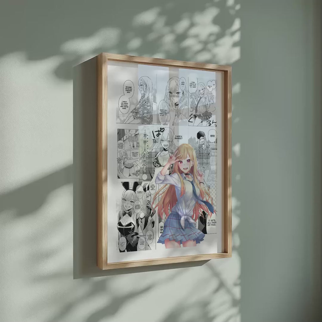 Video of the Marin Kitagawa manga poster inspired by My Dress-Up Darling in a light wood frame on a sage green wall
