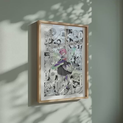 Video of the Ram manga poster inspired by Re:Zero in a light wood frame on a sage green wall