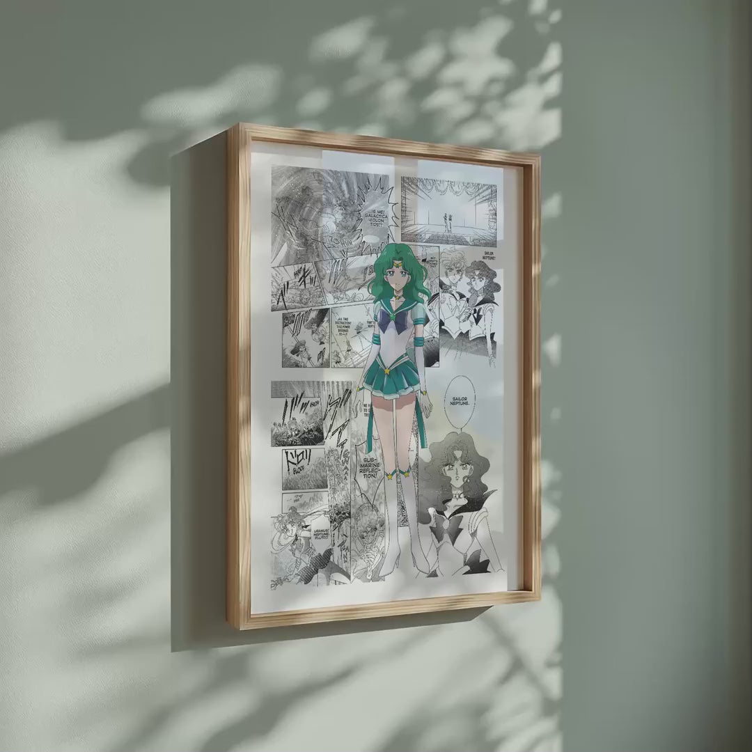 Video of the Michiru Kaioh Sailor Neptune manga poster inspired by Sailor Moon in a light wood frame on a sage green wall