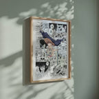 Video of the Inosuke Hashibira manga poster inspired by Demon Slayer in a light wood frame on a sage green wall