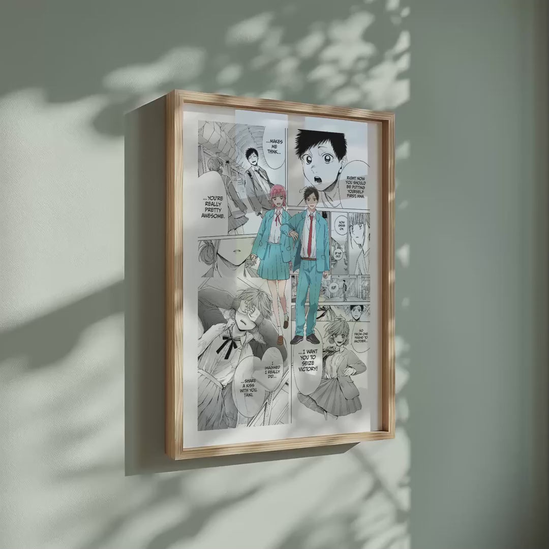 Video of the Taiki Inomata and Hina Chono manga poster inspired by Blue Box in a light wood frame on a sage green wall