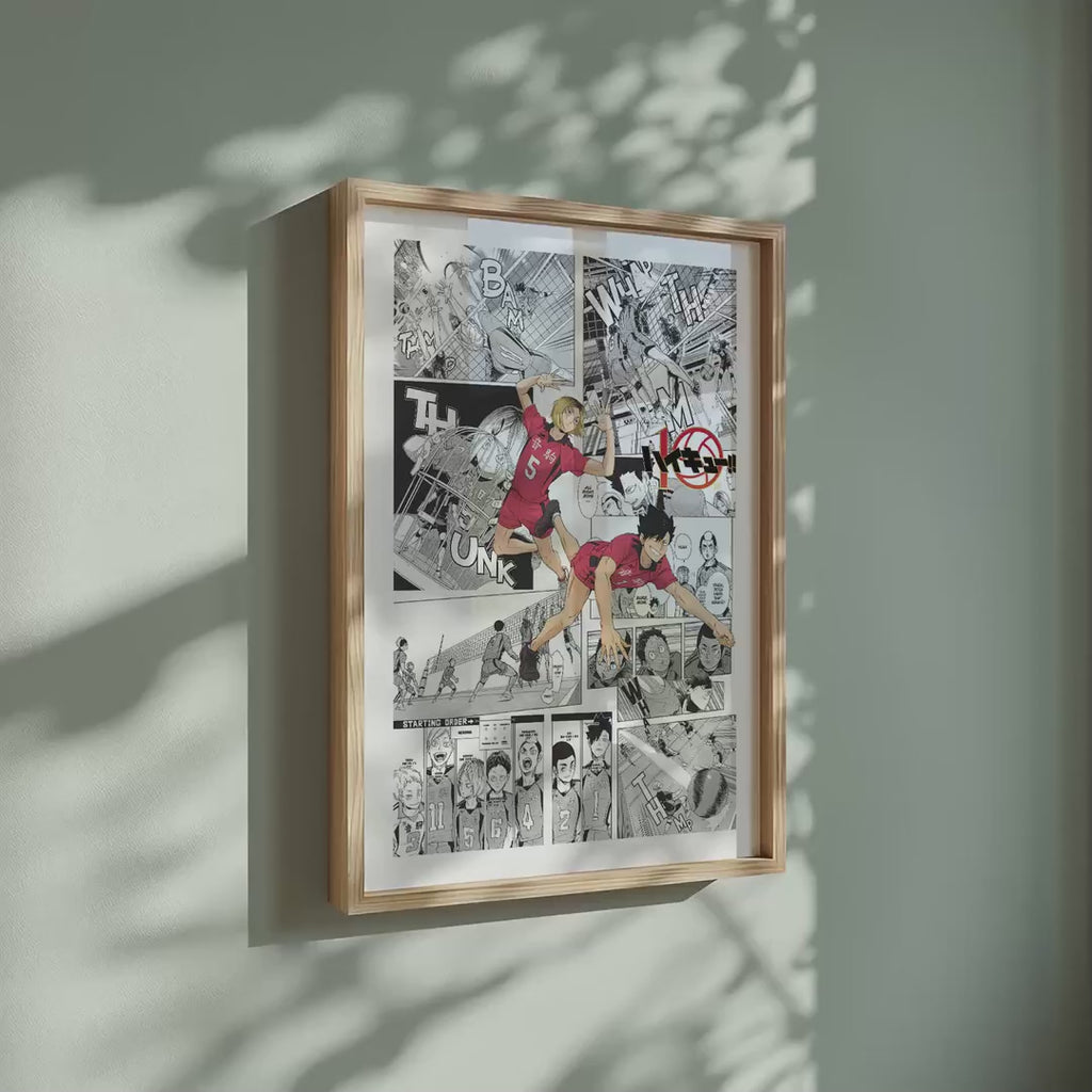 Video of the Nekoma High manga poster inspired by Haikyu!! in a light wood frame on a sage green wall