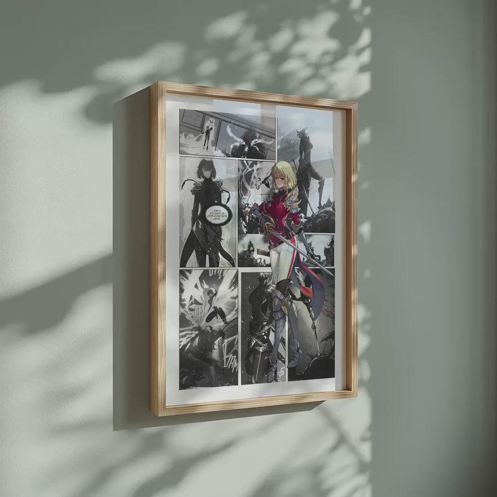 Video of the Cha Hae-In manga poster inspired by Solo Leveling in a light wood frame on a sage green wall