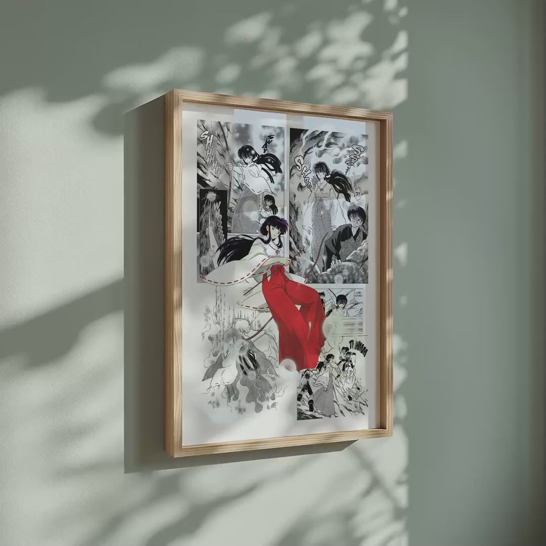 Video of the Kikyo manga poster inspired by Inuyasha in a light wood frame on a sage green wall