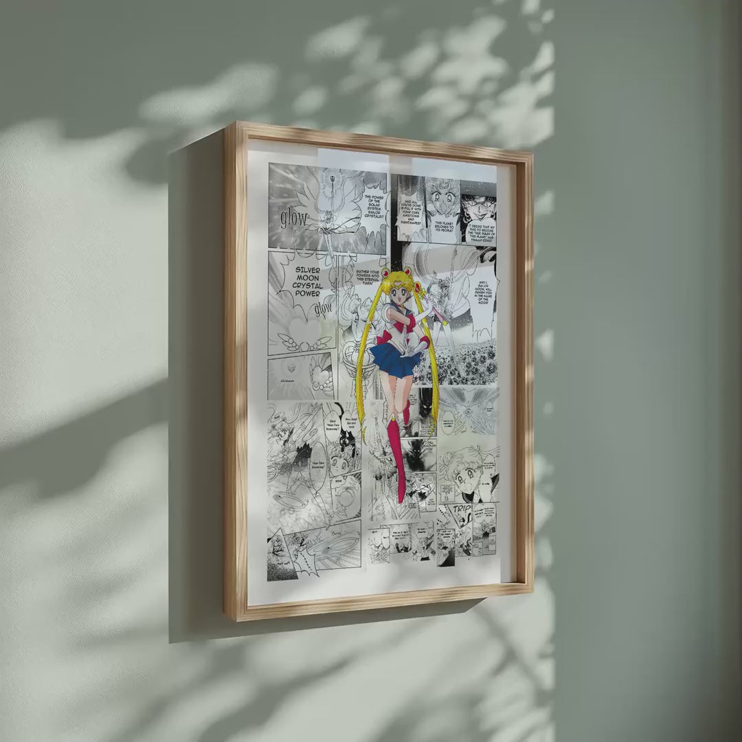 Video of the Usagi Tsukino Sailor Moon manga poster inspired by Sailor Moon in a light wood frame on a sage green wall