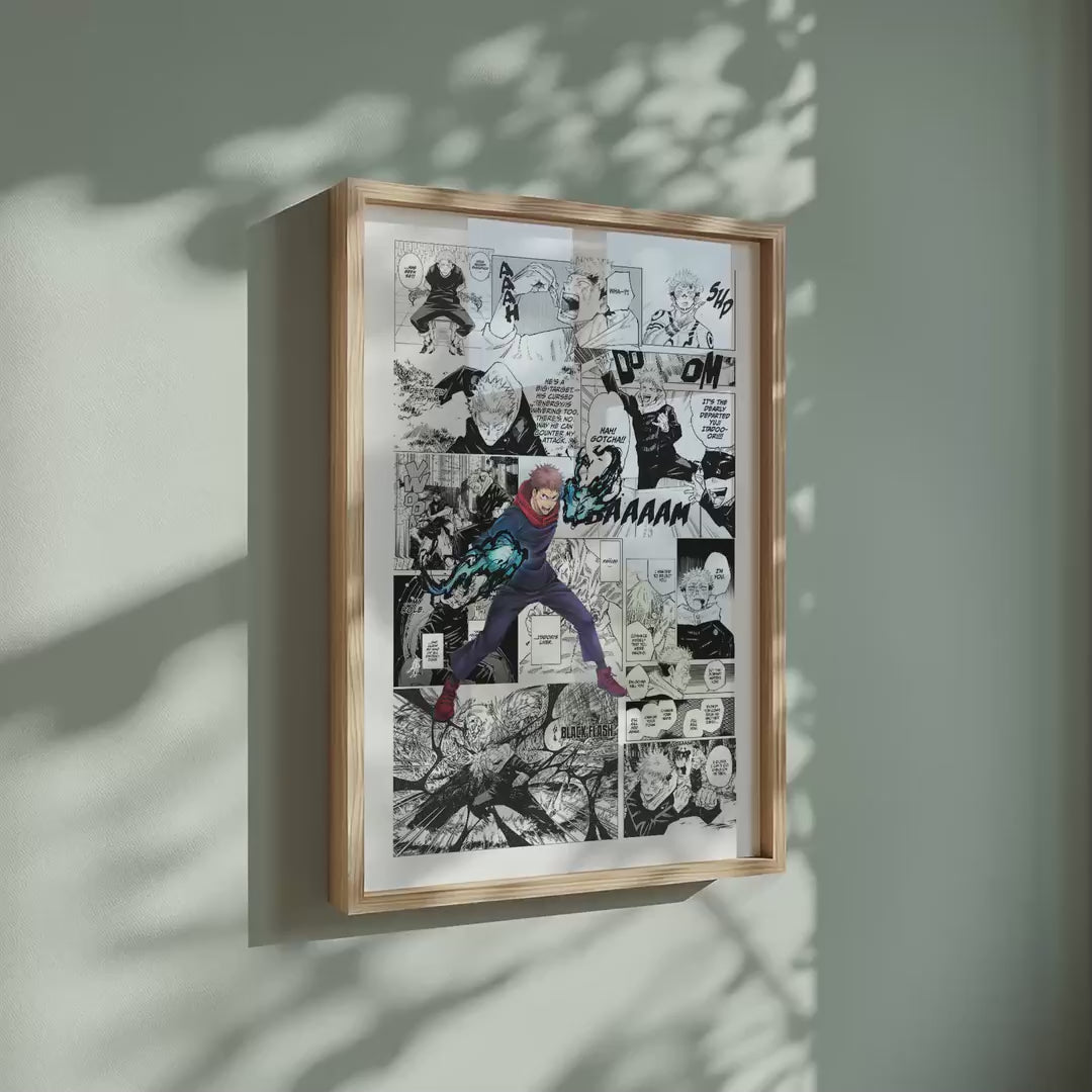 Video of the Yuji Itadori manga poster inspired by Jujutsu Kaisen in a light wood frame on a sage green wall