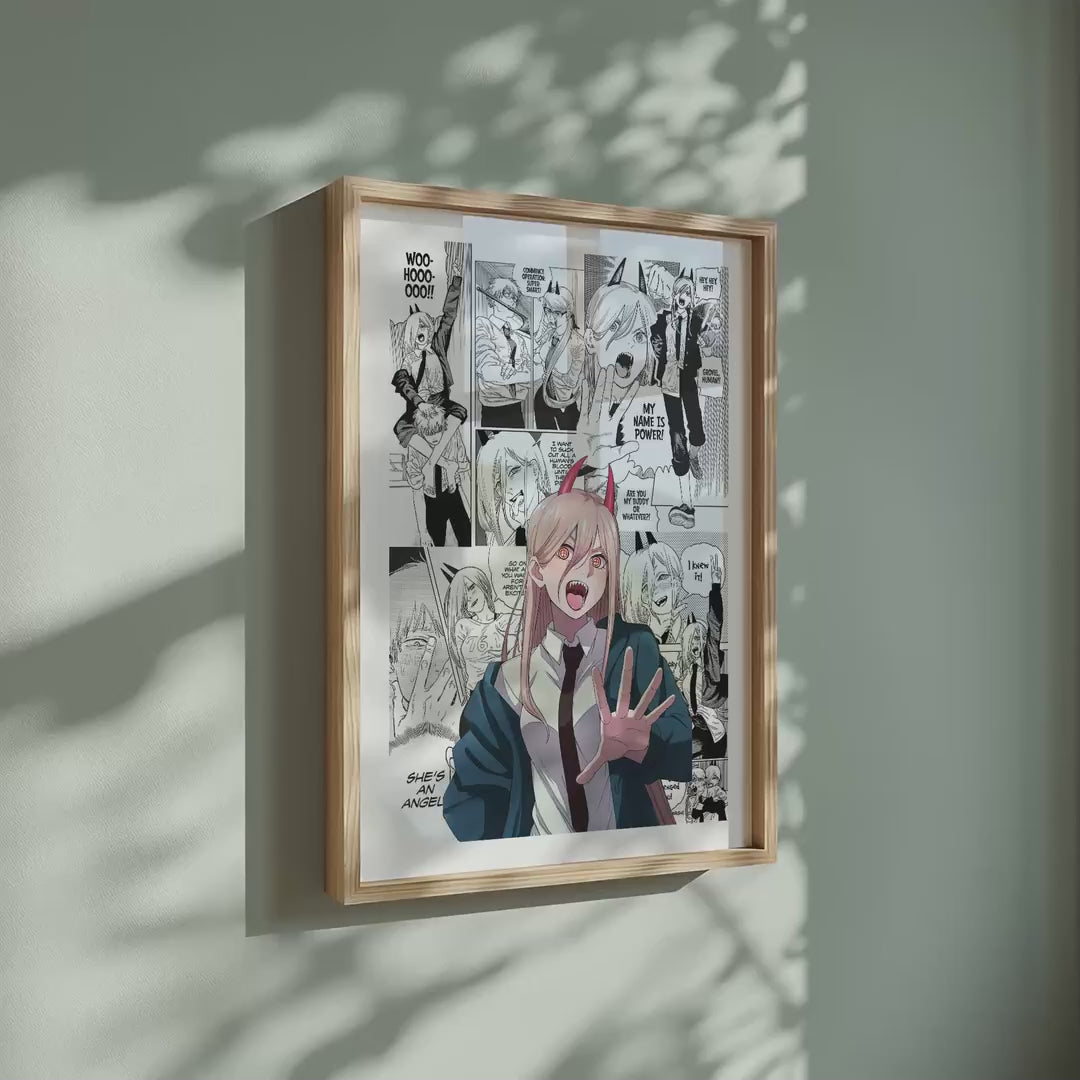 Video of the Power manga poster inspired by Chainsaw Man in a light wood frame on a sage green wall