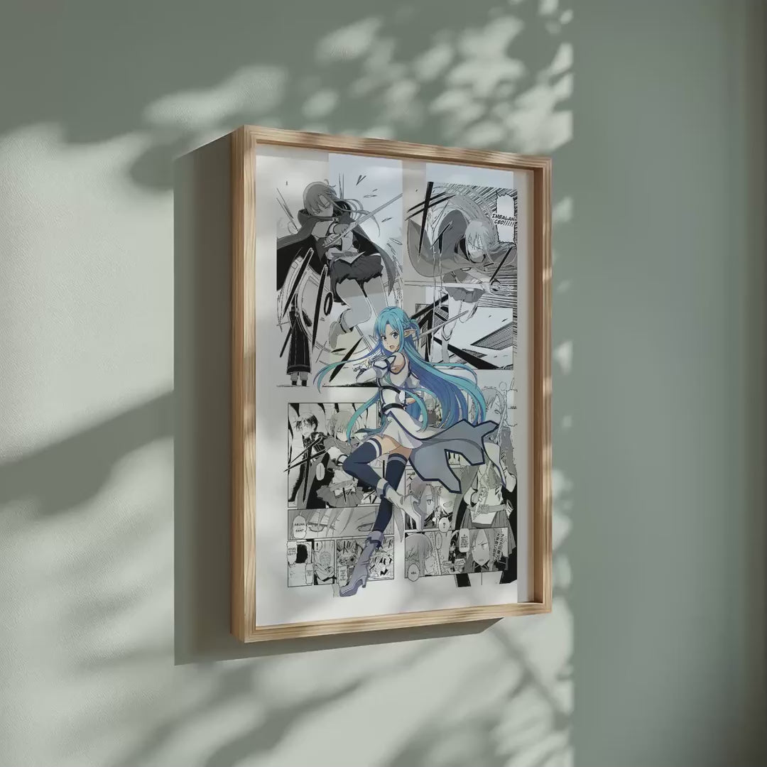 Video of the Asuna Yuuki Undine manga poster inspired by Sword Art Online in a light wood frame on a sage green wall