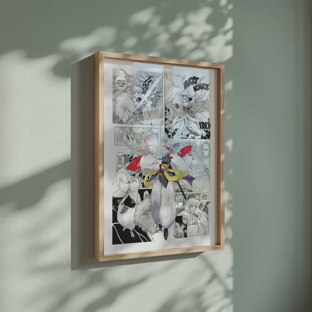 Video of the Sesshomaru manga poster inspired by Inuyasha in a light wood frame on a sage green wall