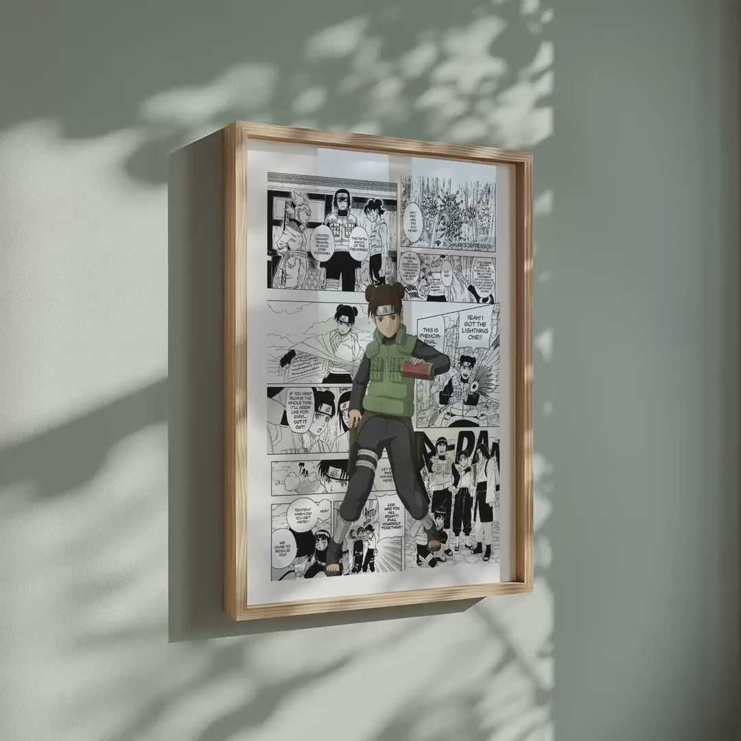 Video of the Tenten manga poster inspired by Naruto in a light wood frame on a sage green wall