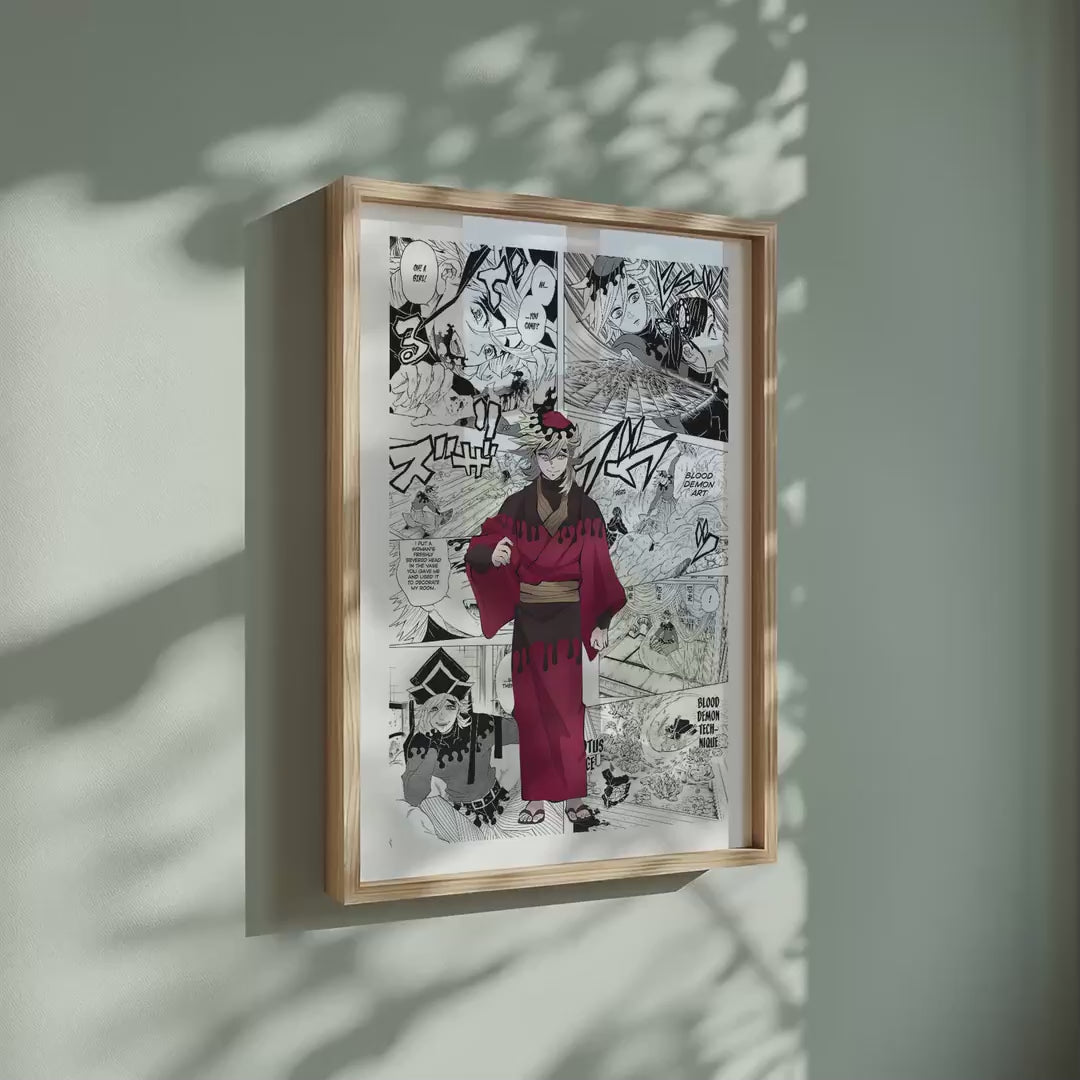 Video of the Doma manga poster inspired by Demon Slayer in a light wood frame on a sage green wall