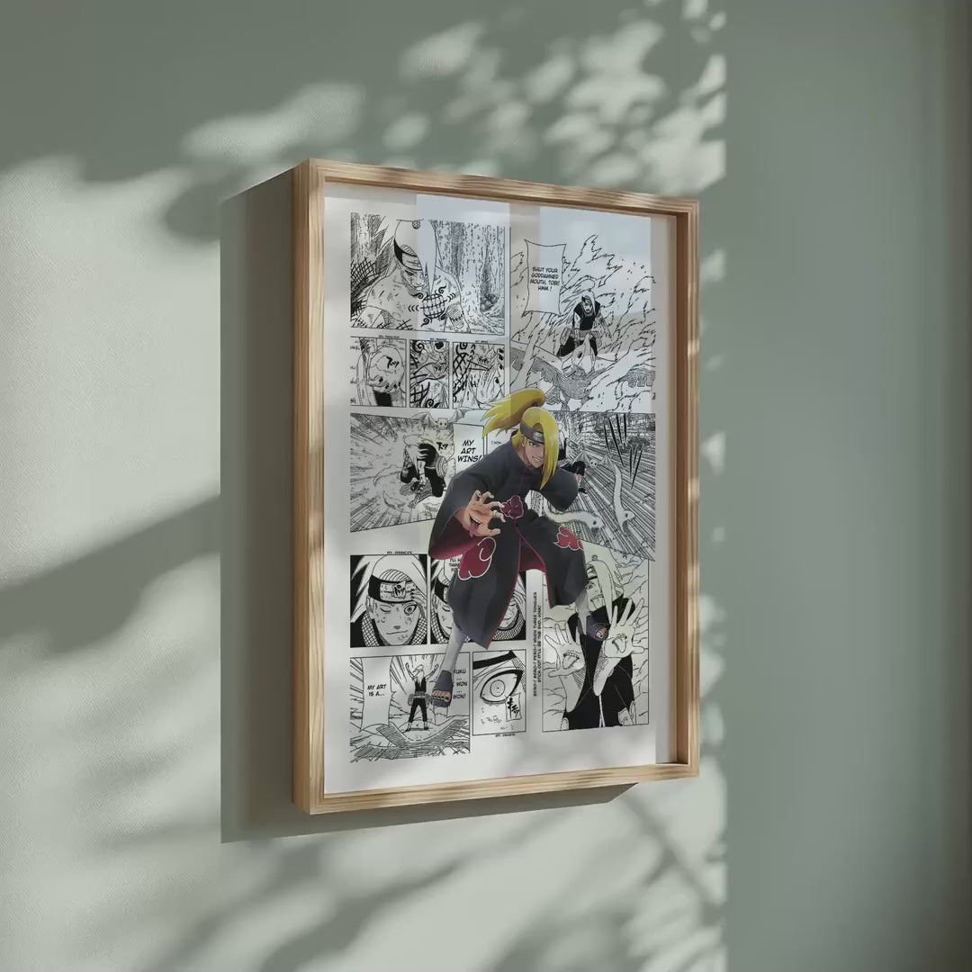 Video of the Deidara manga poster inspired by Naruto in a light wood frame on a sage green wall