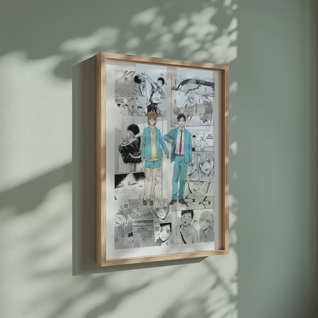 Video of the Taiki Inomata and Chinatsu Kano manga poster inspired by Blue Box in a light wood frame on a sage green wall