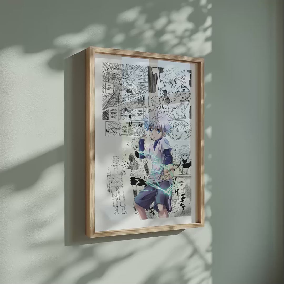Video of the Killua Zoldyck manga poster inspired by Hunter x Hunter in a light wood frame on a sage green wall