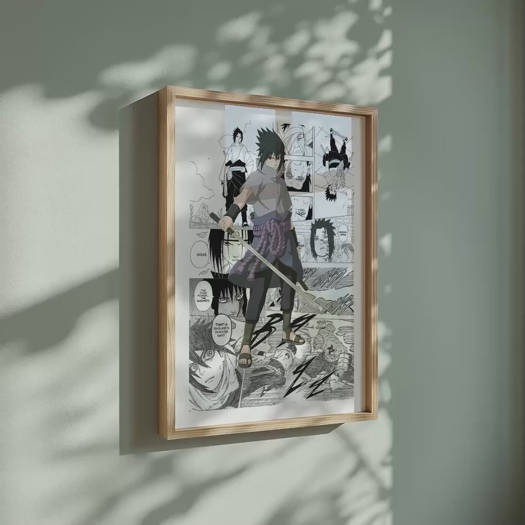 Video of the Sasuke Uchiha manga poster inspired by Naruto in a light wood frame on a sage green wall