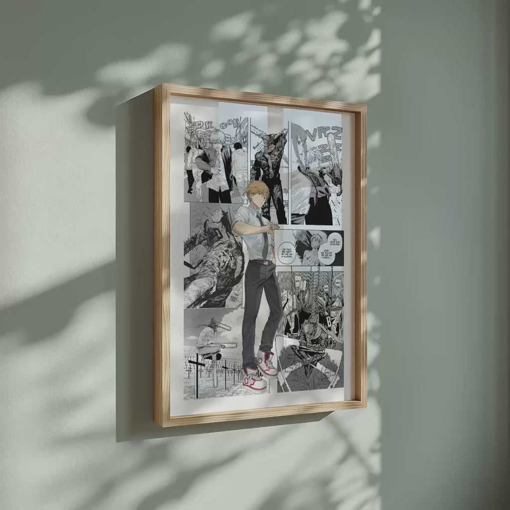 Video of the Denji manga poster inspired by Chainsaw Man in a light wood frame on a sage green wall