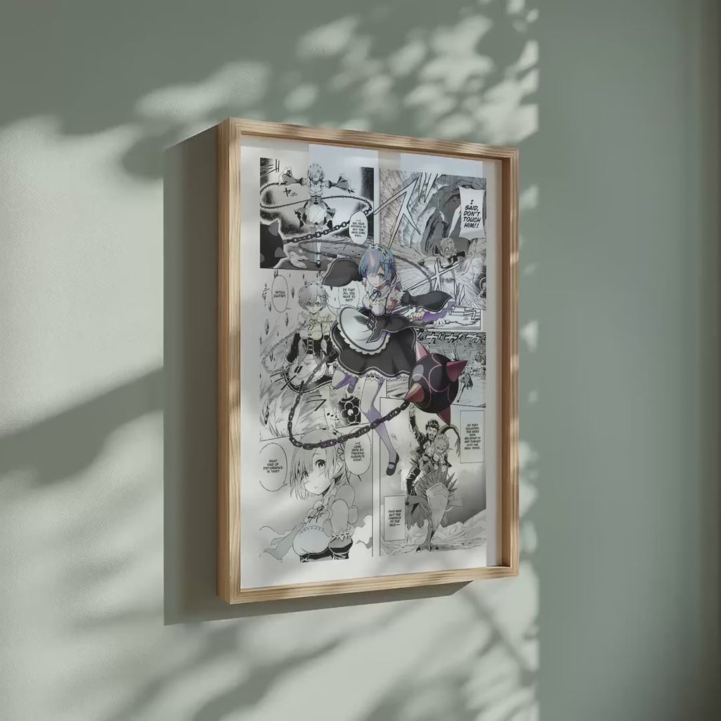 Video of the Rem manga poster inspired by Re:Zero in a light wood frame on a sage green wall