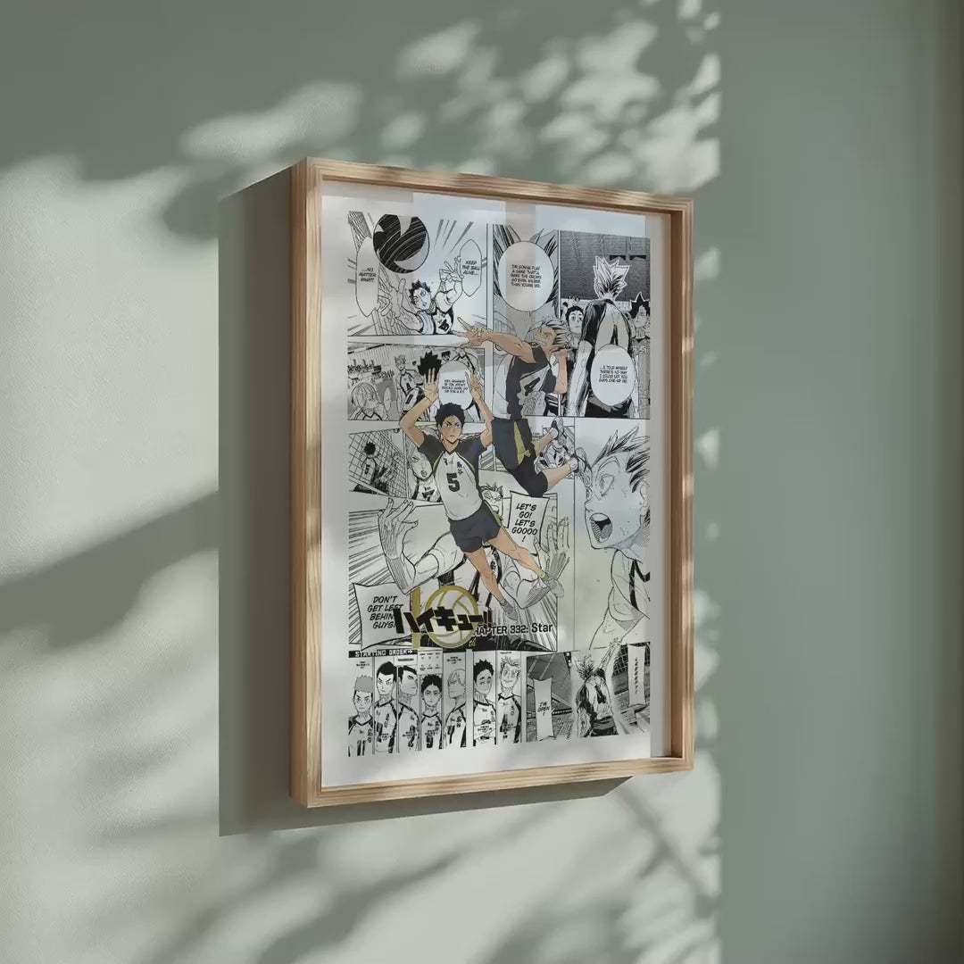 Video of the Fukurodani Academy manga poster inspired by Haikyu!! in a light wood frame on a sage green wall