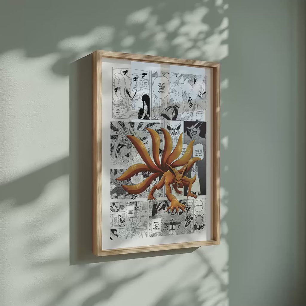 Video of the Kurama Nine-Tailed Fox manga poster inspired by Naruto in a light wood frame on a sage green wall