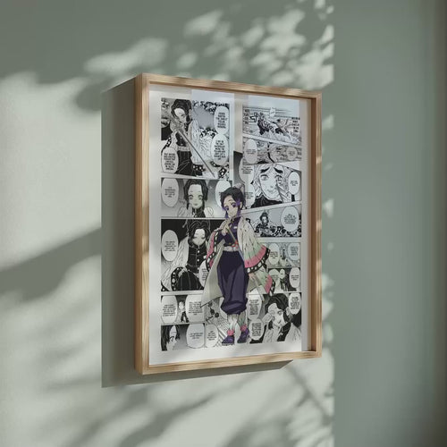 Video of the Shinobu Kocho manga poster inspired by Demon Slayer in a light wood frame on a sage green wall