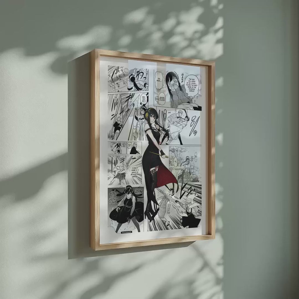 Video of the Yor Forger manga poster inspired by Spy x Family in a light wood frame on a sage green wall