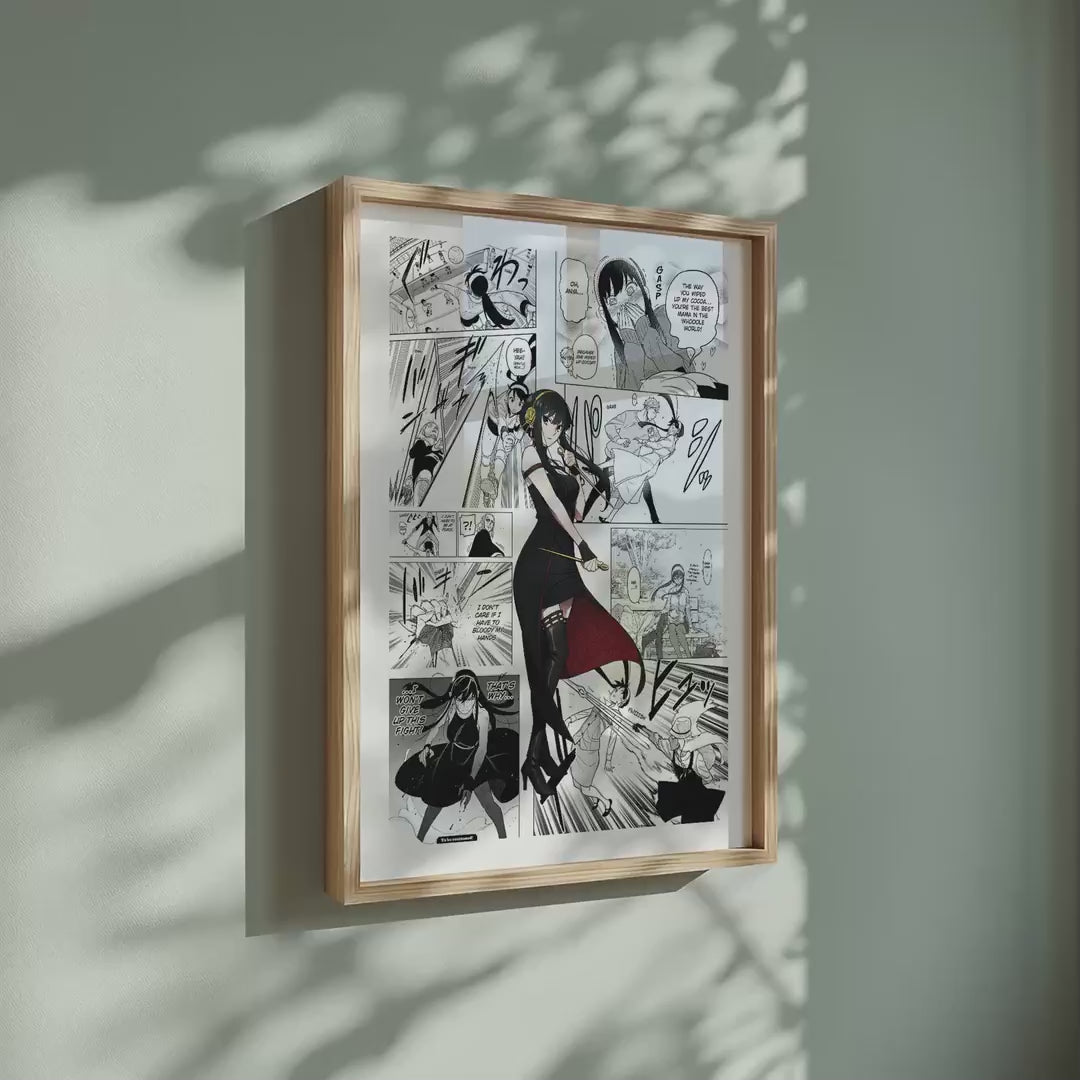 Video of the Yor Forger manga poster inspired by Spy x Family in a light wood frame on a sage green wall
