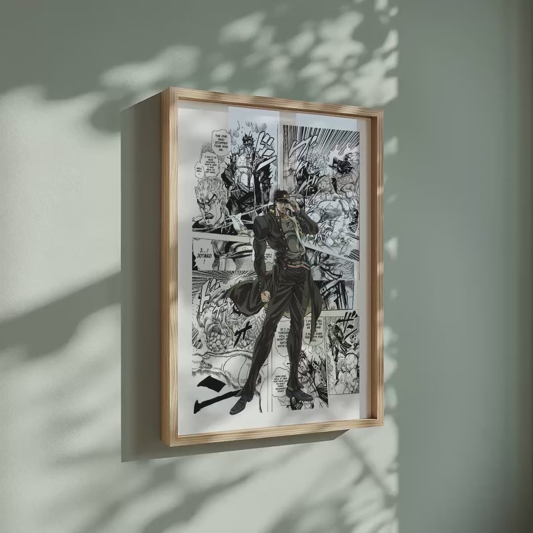 Video of the Jotaro Kujo manga poster inspired by JoJo's Bizarre Adventure in a light wood frame on a sage green wall