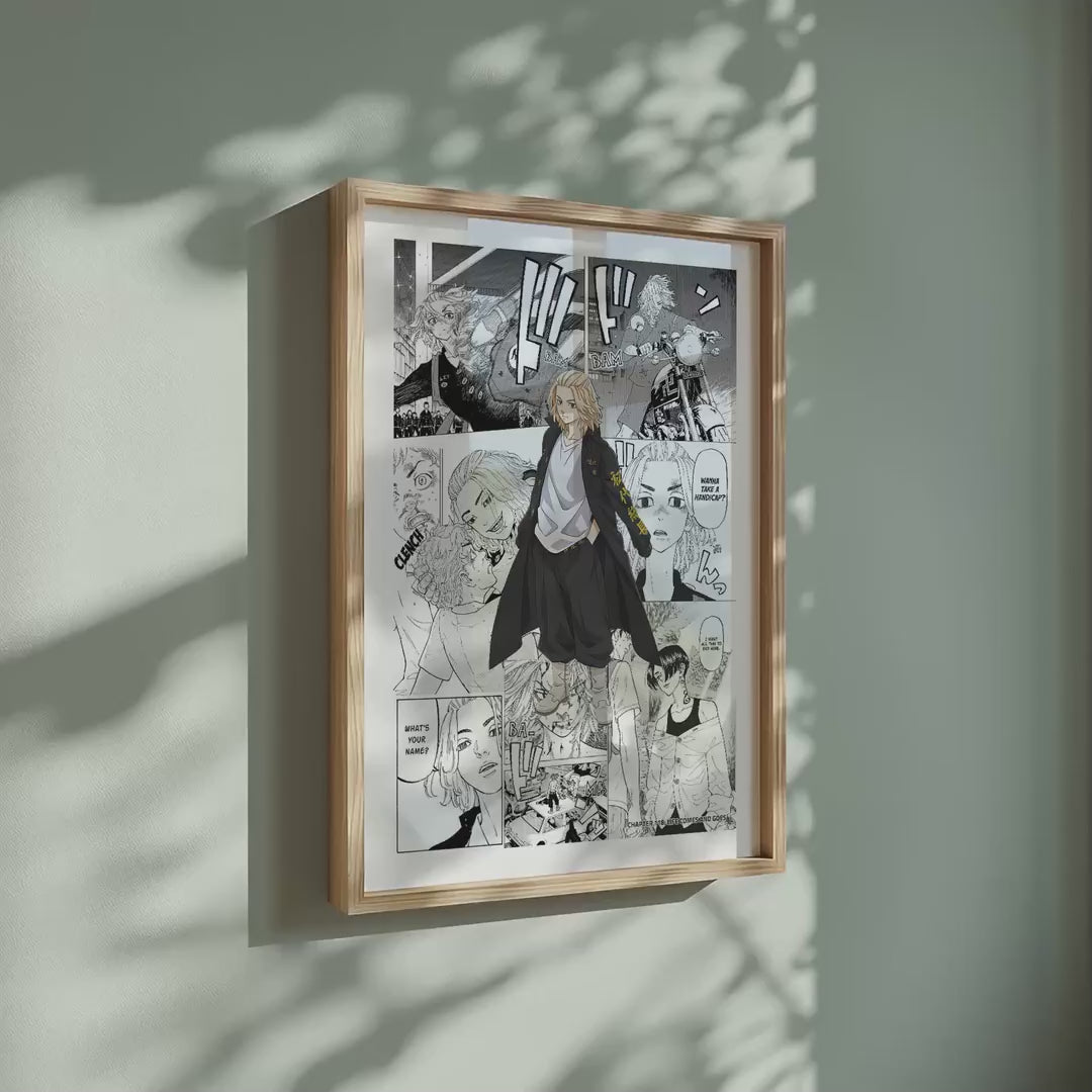 Video of the Manjiro Sano Mikey manga poster inspired by Tokyo Revengers in a light wood frame on a sage green wall