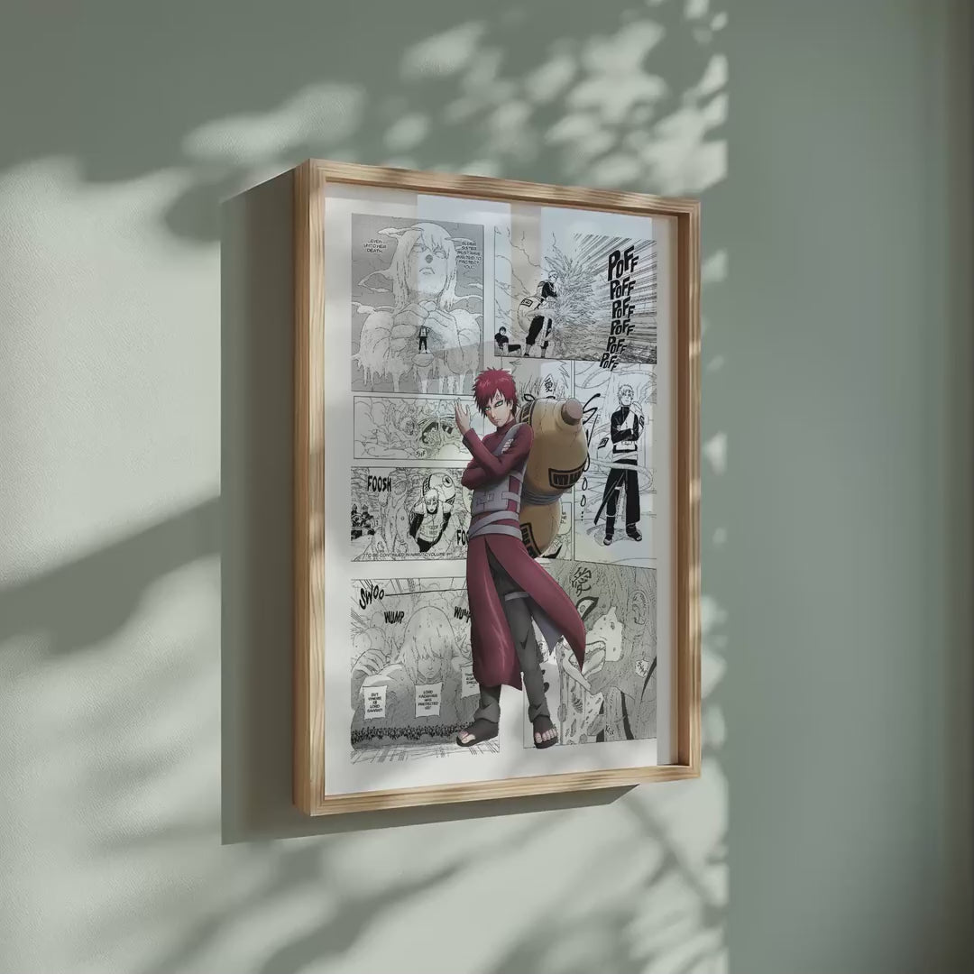 Video of the Gaara manga poster inspired by Naruto in a light wood frame on a sage green wall
