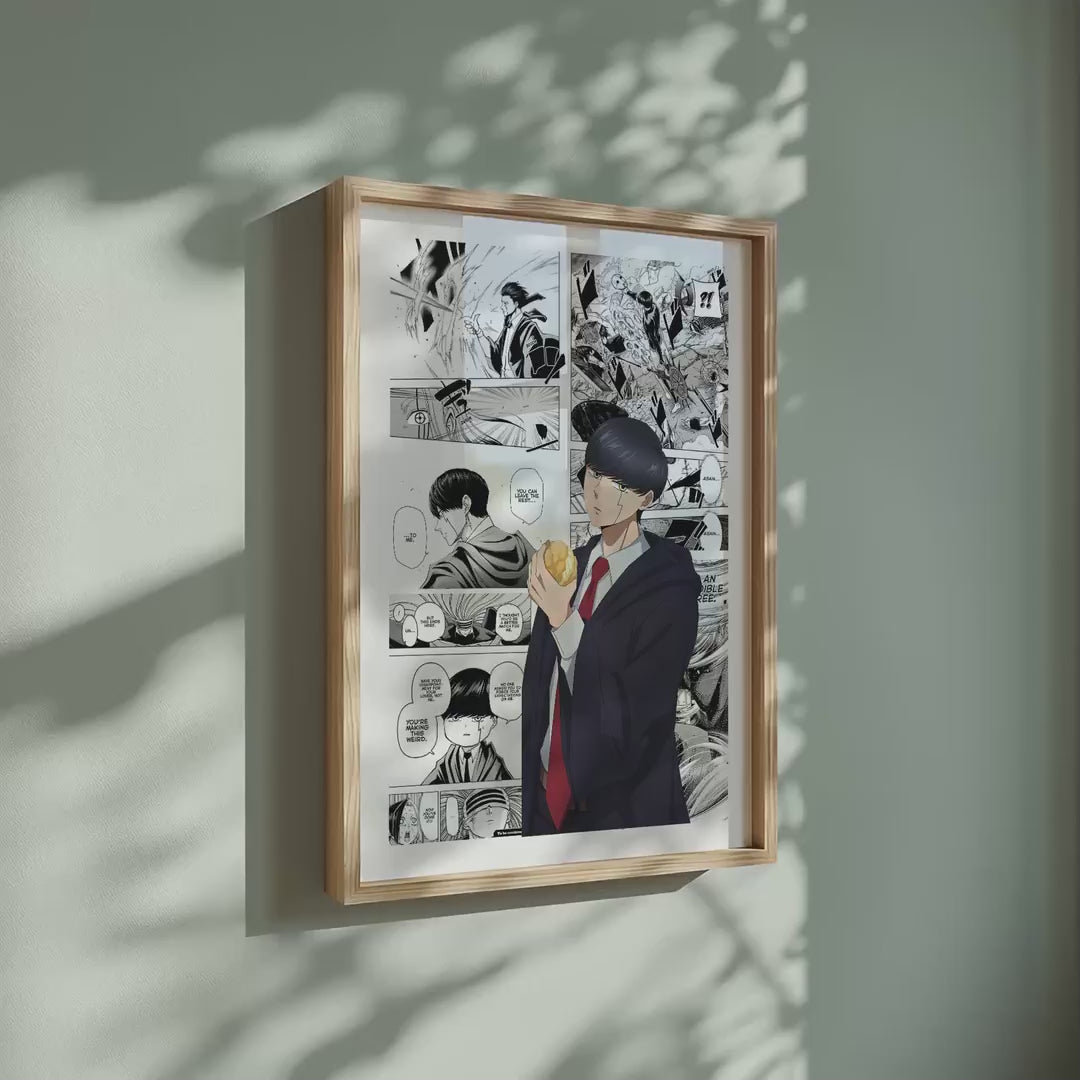 Video of the Mash Burnedead manga poster inspired by Mashle: Magic and Muscles in a light wood frame on a sage green wall