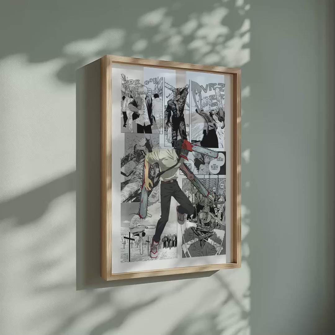 Video of the Chainsaw Man manga poster inspired by Chainsaw Man in a light wood frame on a sage green wall