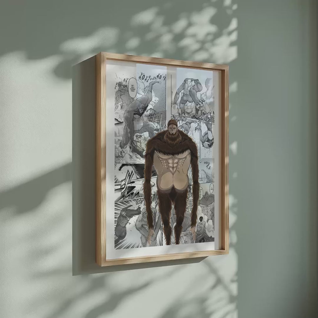 Video of the Zeke Yeager Beast Titan manga poster inspired by Attack on Titan in a light wood frame on a sage green wall