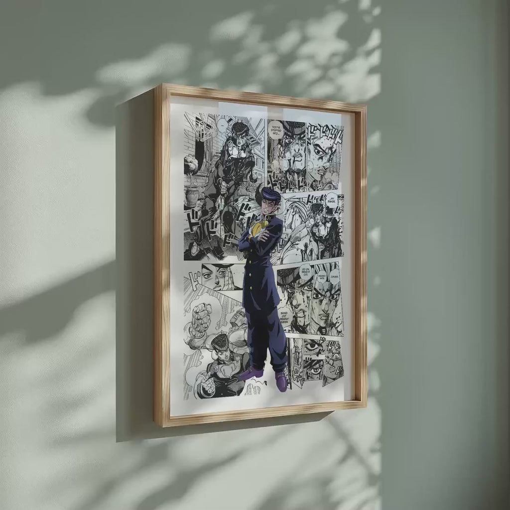 Video of the Josuke Higashikata manga poster inspired by JoJo's Bizarre Adventure in a light wood frame on a sage green wall