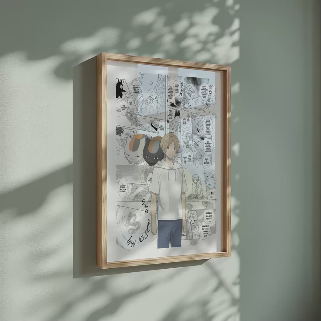 Video of the Takashi Natsume manga poster inspired by Natsume's Book of Friends in a light wood frame on a sage green wall