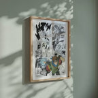 Video of the Konohamaru Sarutobi manga poster inspired by Naruto in a light wood frame on a sage green wall