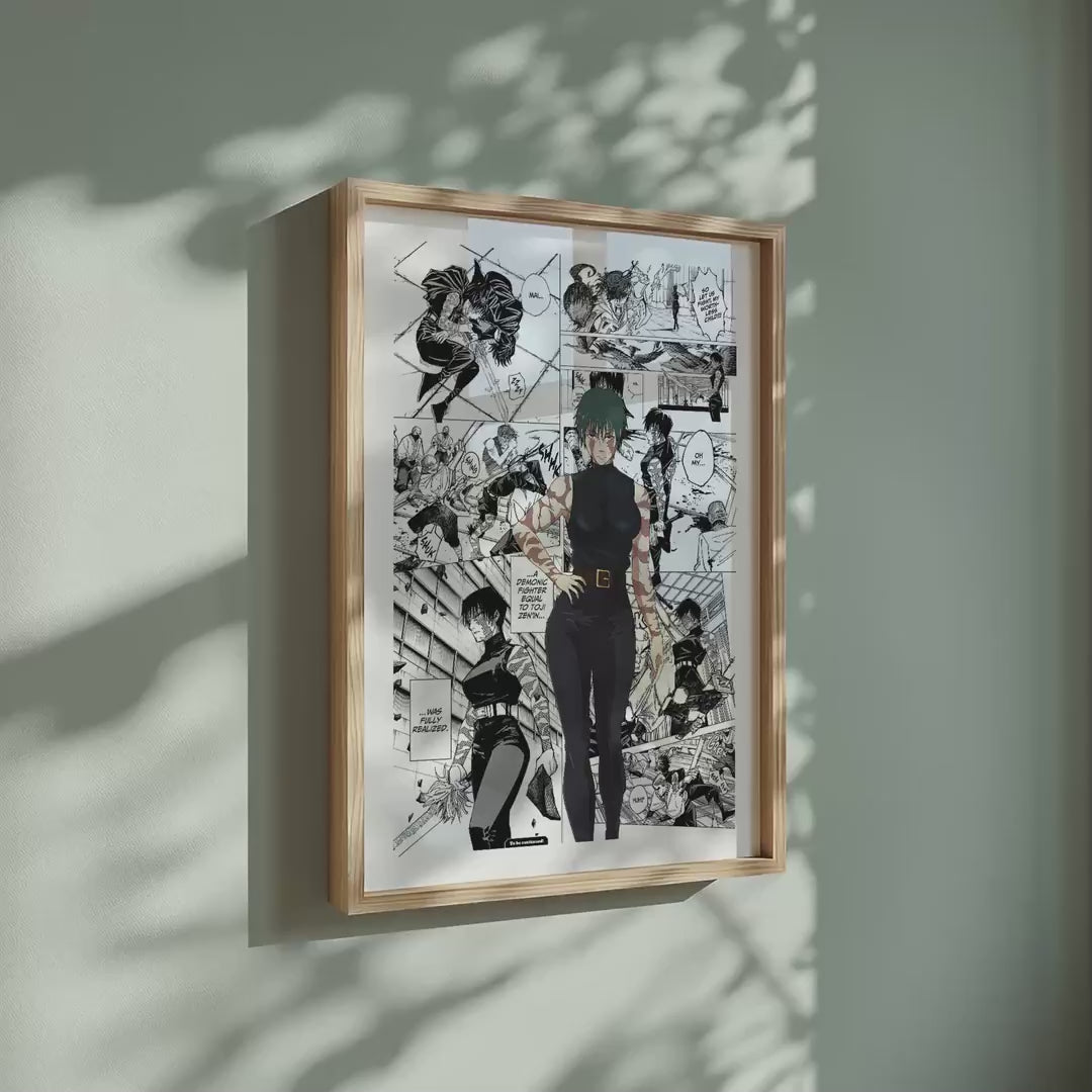 Video of the Maki Zenin Awakened manga poster inspired by Jujutsu Kaisen in a light wood frame on a sage green wall
