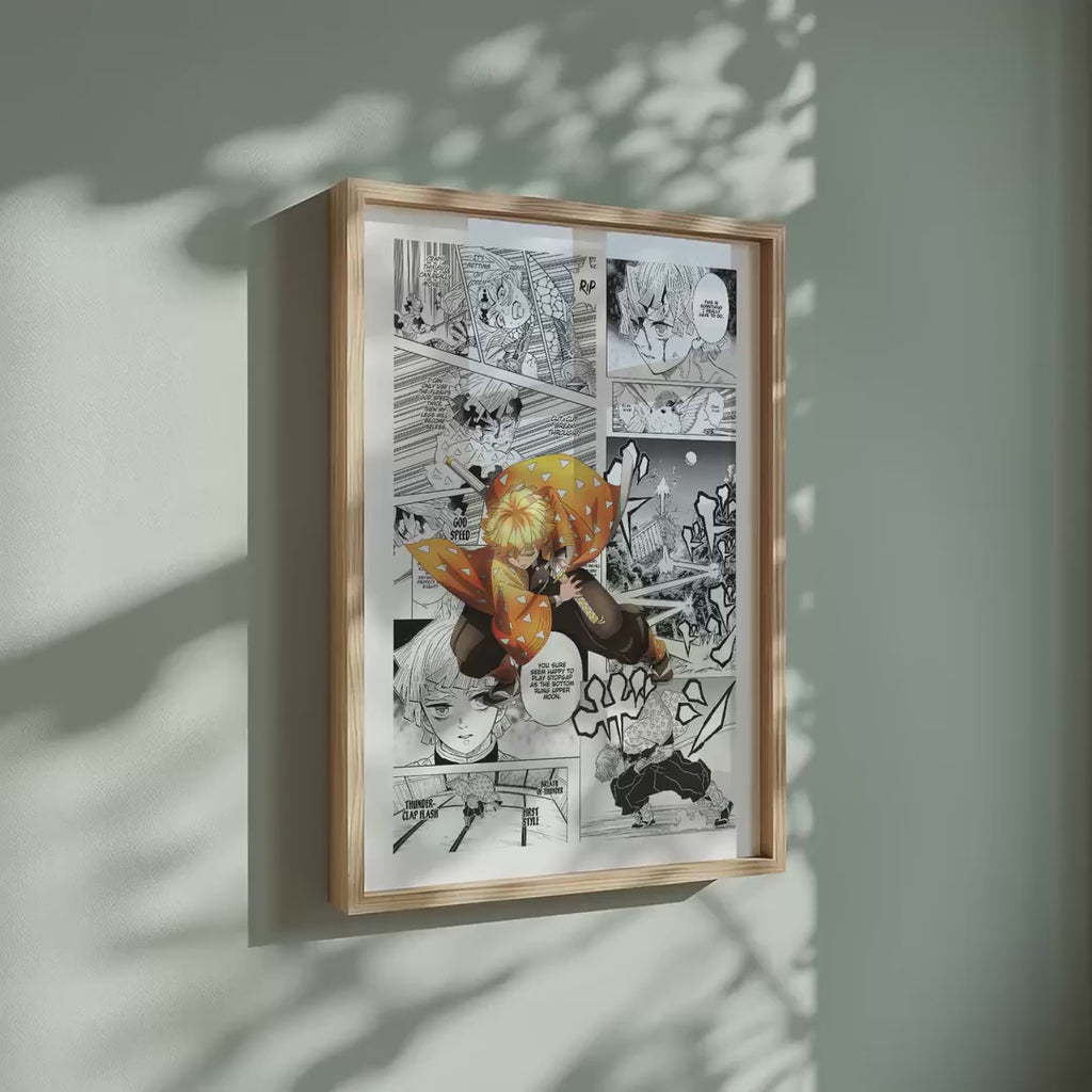 Video of the Zenitsu Agatsuma manga poster inspired by Demon Slayer in a light wood frame on a sage green wall