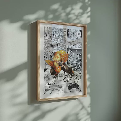 Video of the Zenitsu Agatsuma manga poster inspired by Demon Slayer in a light wood frame on a sage green wall