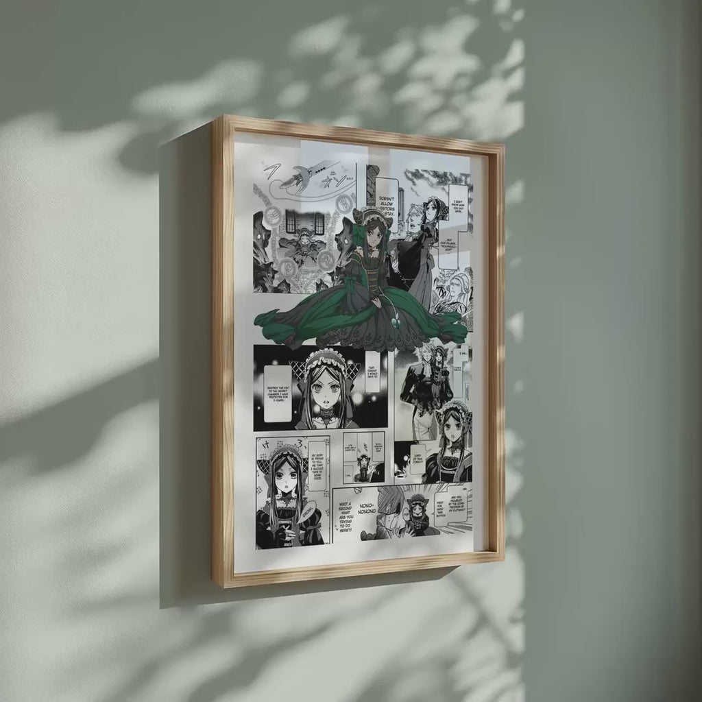 Video of the Sieglinde Sullivan manga poster inspired by Black Butler in a light wood frame on a sage green wall