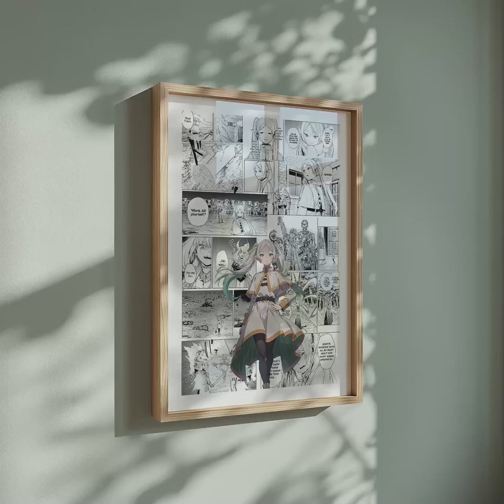 Video of the Frieren manga poster inspired by Frieren in a light wood frame on a sage green wall