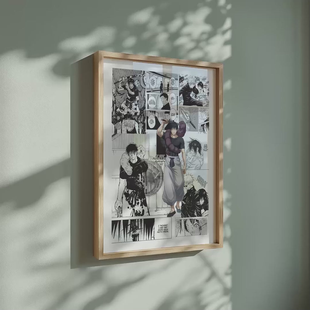 Video of the Toji Fushiguro manga poster inspired by Jujutsu Kaisen in a light wood frame on a sage green wall