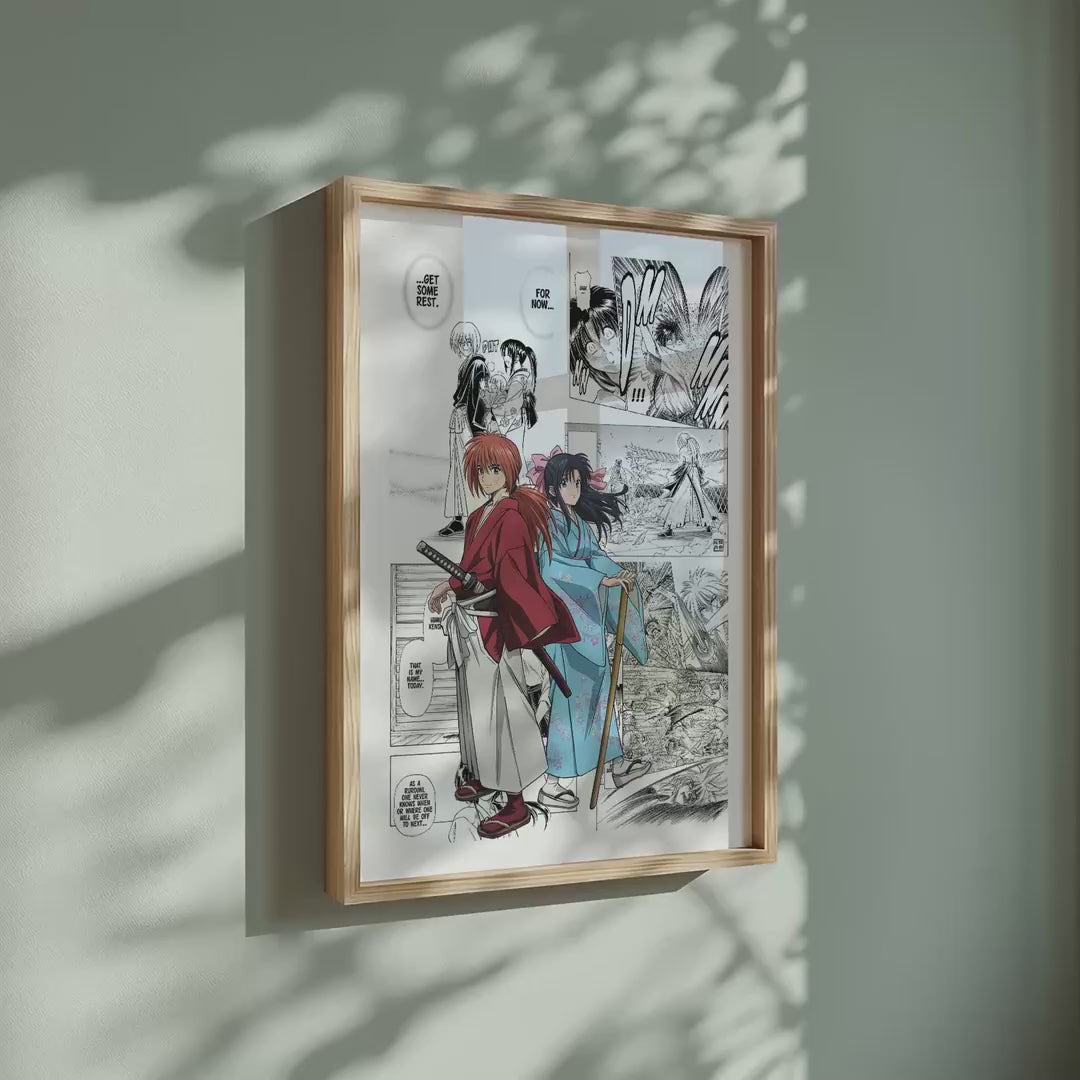 Video of the Kenshin Himura manga poster inspired by Rurouni Kenshin in a light wood frame on a sage green wall