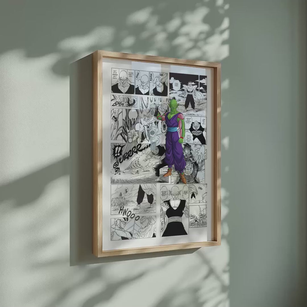 Video of the Piccolo manga poster inspired by Dragon Ball in a light wood frame on a sage green wall